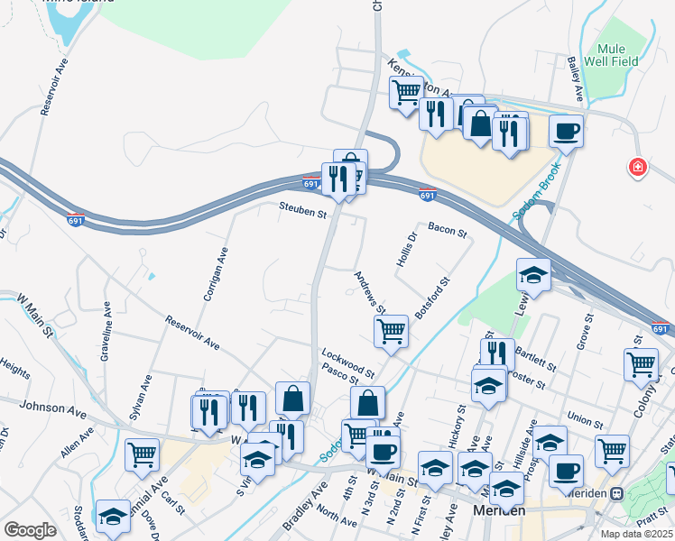 map of restaurants, bars, coffee shops, grocery stores, and more near 198 Andrews Street in Meriden