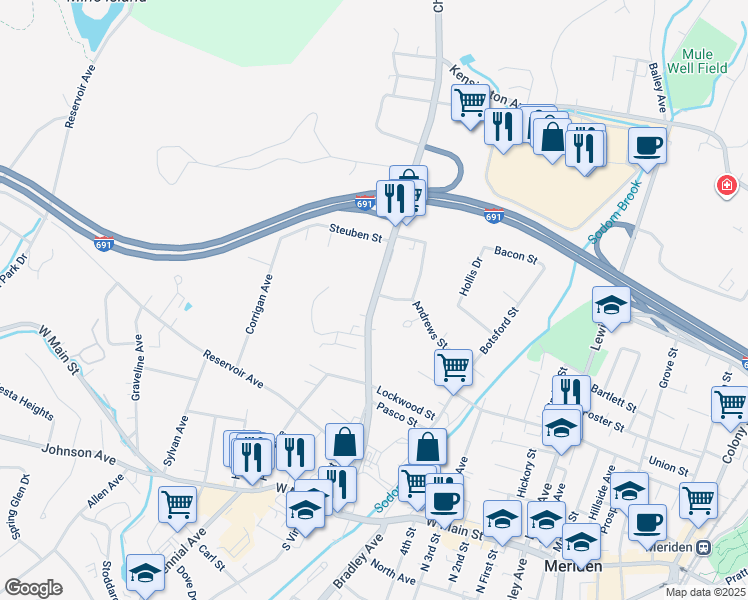 map of restaurants, bars, coffee shops, grocery stores, and more near 259 Chamberlain Highway in Meriden