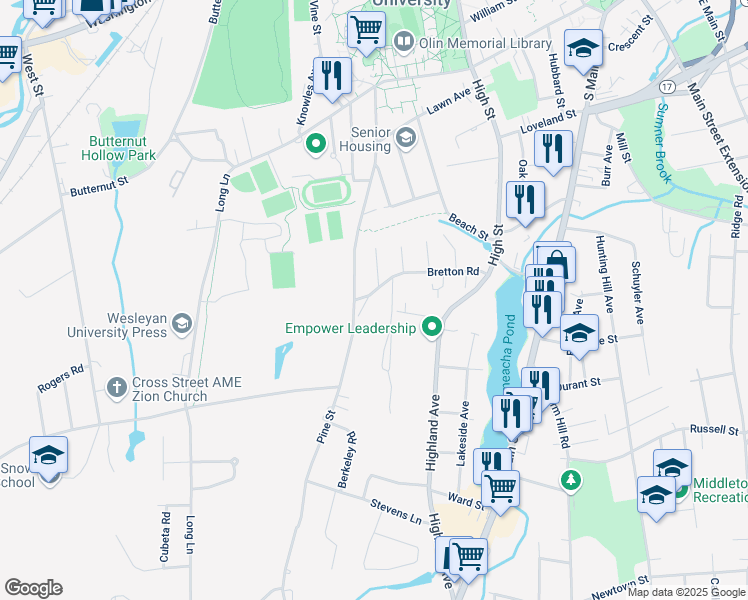 map of restaurants, bars, coffee shops, grocery stores, and more near 101 Bretton Road in Middletown