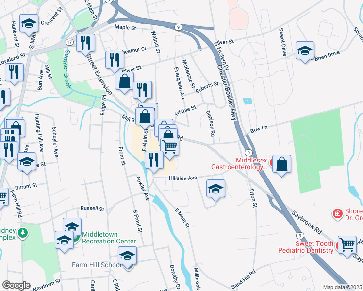 map of restaurants, bars, coffee shops, grocery stores, and more near 113 Saybrook Road in Middletown