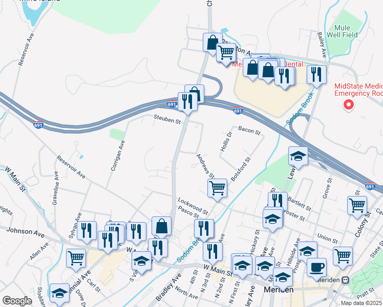 map of restaurants, bars, coffee shops, grocery stores, and more near 183 Andrews Street in Meriden