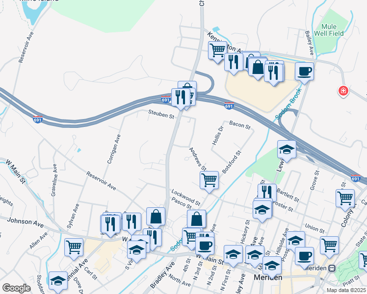 map of restaurants, bars, coffee shops, grocery stores, and more near 185 Andrews Street in Meriden