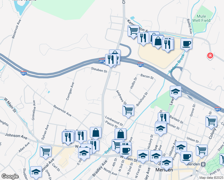 map of restaurants, bars, coffee shops, grocery stores, and more near 187 Andrews Street in Meriden