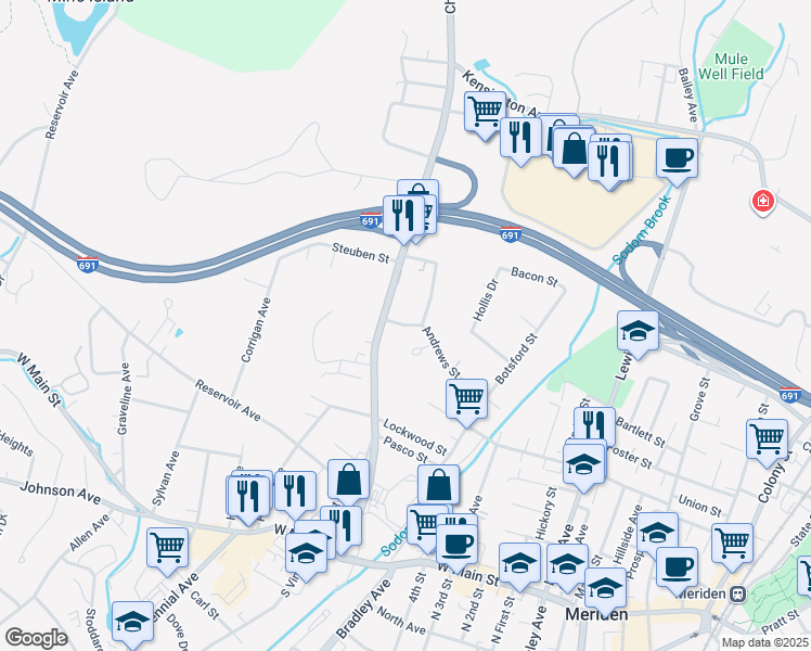 map of restaurants, bars, coffee shops, grocery stores, and more near 189 Andrews Street in Meriden