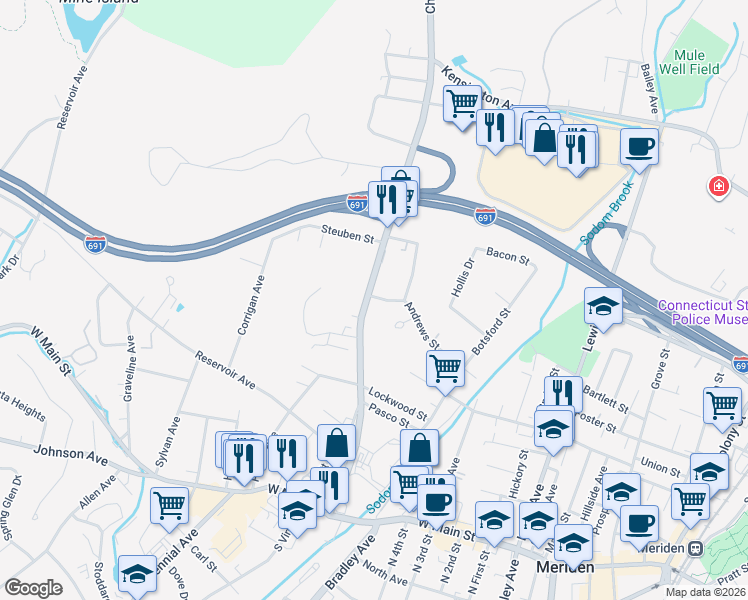 map of restaurants, bars, coffee shops, grocery stores, and more near 259 Chamberlain Highway in Meriden
