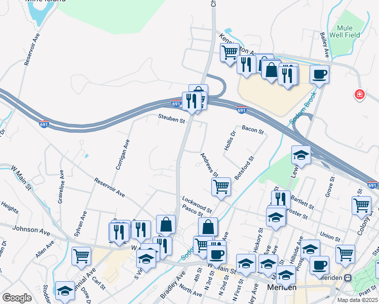 map of restaurants, bars, coffee shops, grocery stores, and more near 200 Andrews Street in Meriden