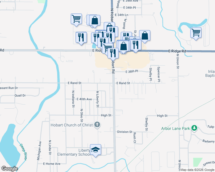 map of restaurants, bars, coffee shops, grocery stores, and more near 1505 E Rand St in Hobart