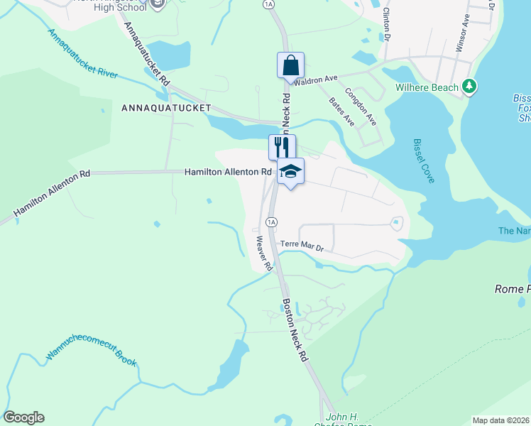 map of restaurants, bars, coffee shops, grocery stores, and more near 901 Boston Neck Road in North Kingstown