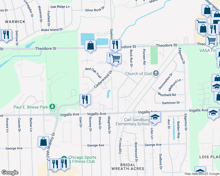 map of restaurants, bars, coffee shops, grocery stores, and more near 1316 Cedarwood Drive in Crest Hill