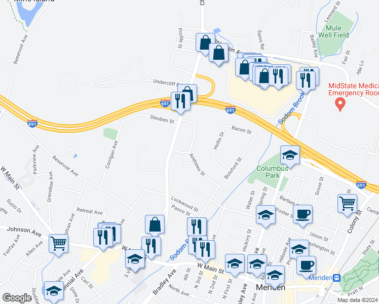 map of restaurants, bars, coffee shops, grocery stores, and more near 4 Edgewood Place in Meriden