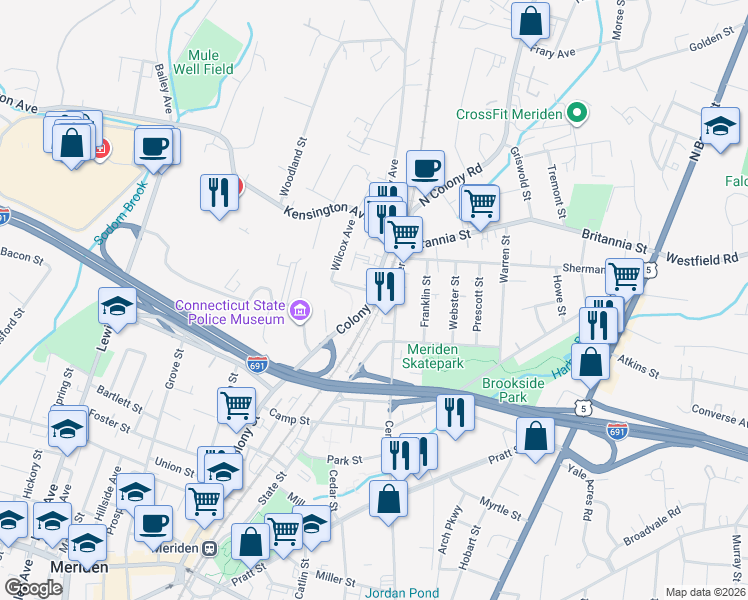 map of restaurants, bars, coffee shops, grocery stores, and more near 17 Wilcox Avenue in Meriden