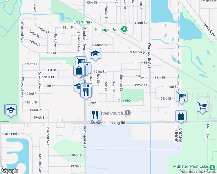 map of restaurants, bars, coffee shops, grocery stores, and more near 19150 Grant Street in Lansing