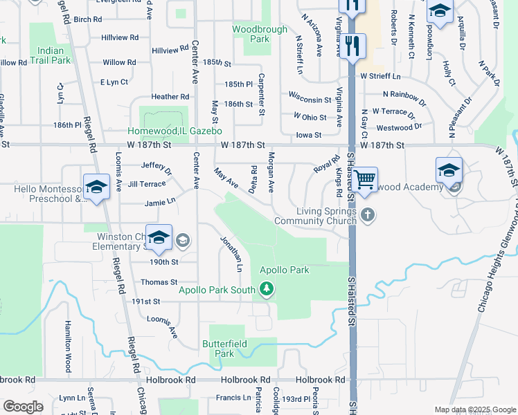 map of restaurants, bars, coffee shops, grocery stores, and more near 18848 May Street in Homewood