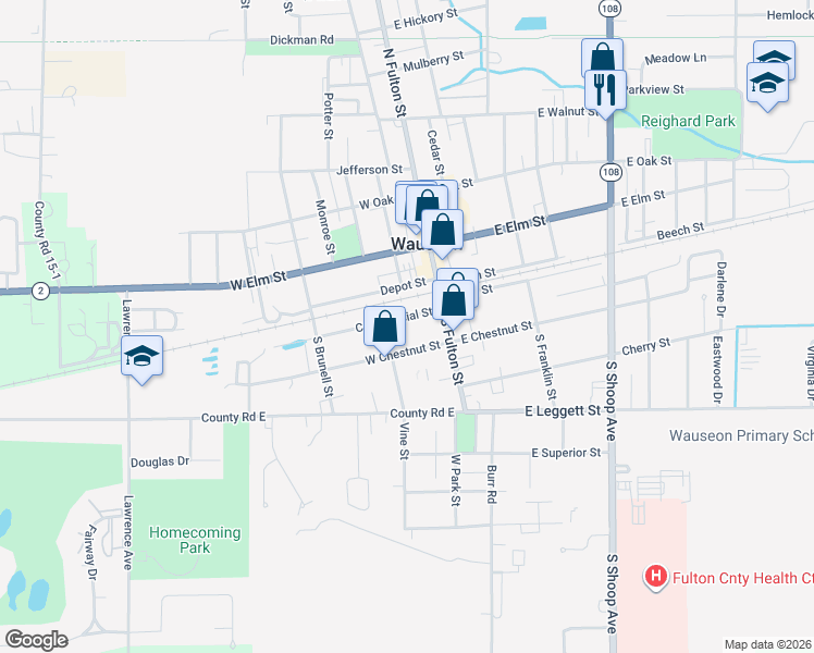 map of restaurants, bars, coffee shops, grocery stores, and more near 135 Commercial Street in Wauseon