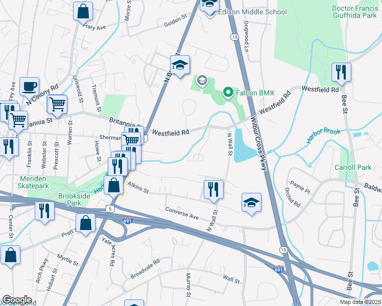 map of restaurants, bars, coffee shops, grocery stores, and more near 85 Westfield Road in Meriden