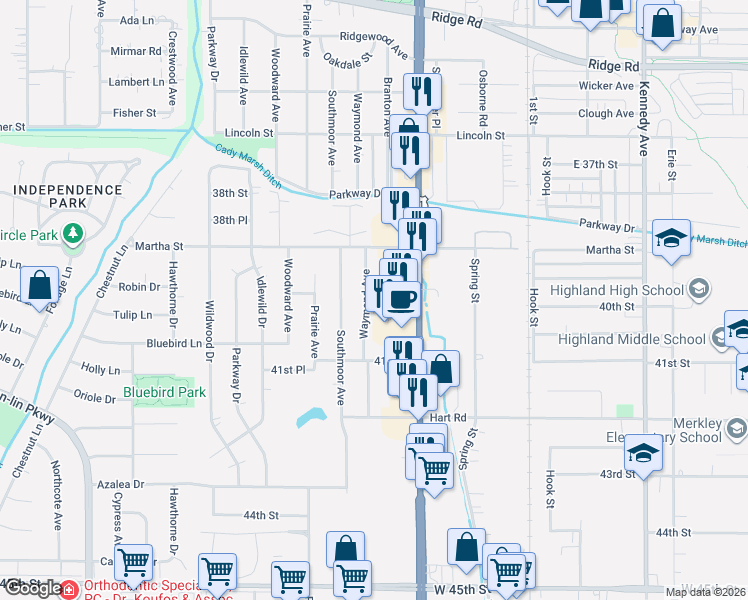 map of restaurants, bars, coffee shops, grocery stores, and more near 9132 Indianapolis Blvd in Highland