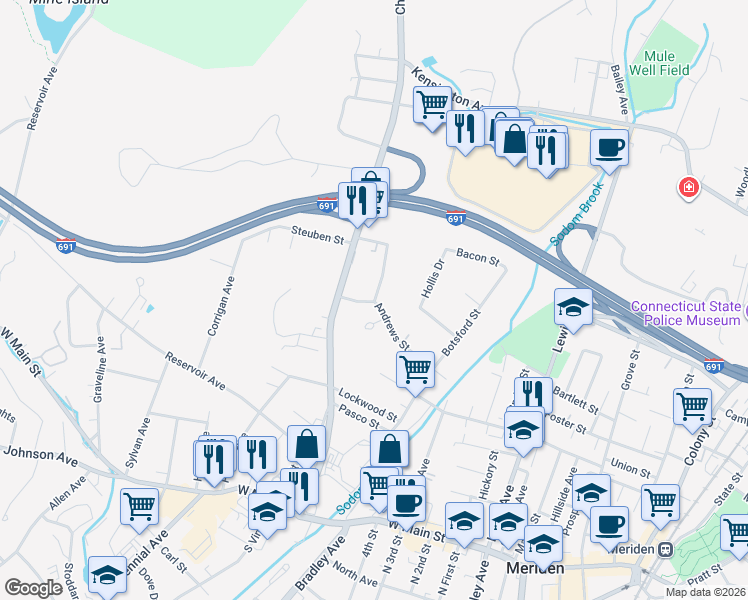 map of restaurants, bars, coffee shops, grocery stores, and more near 4 Edgewood Place in Meriden
