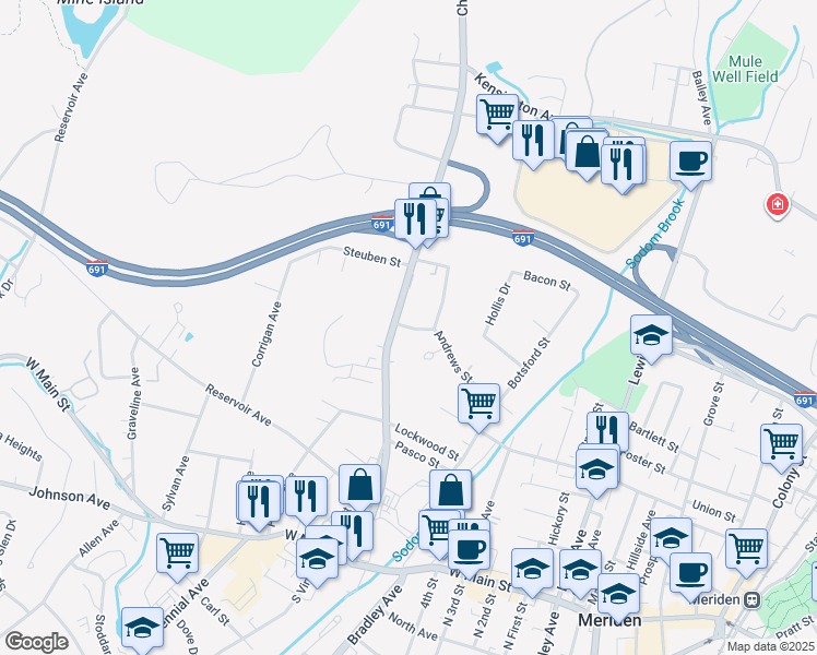 map of restaurants, bars, coffee shops, grocery stores, and more near 197 Andrews Street in Meriden