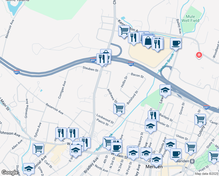 map of restaurants, bars, coffee shops, grocery stores, and more near 163 Andrews Street in Meriden
