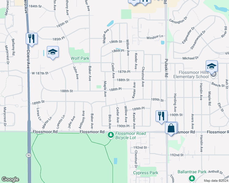 map of restaurants, bars, coffee shops, grocery stores, and more near 4301 188th Place in Country Club Hills
