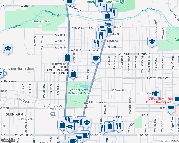 map of restaurants, bars, coffee shops, grocery stores, and more near 110 East Columbia Avenue in Davenport