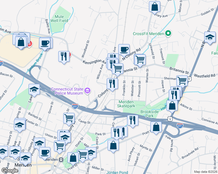 map of restaurants, bars, coffee shops, grocery stores, and more near 17 Wilcox Avenue in Meriden