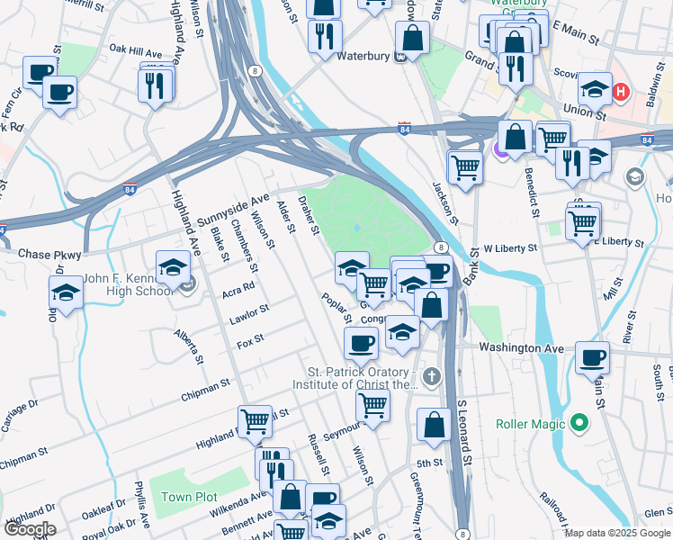 map of restaurants, bars, coffee shops, grocery stores, and more near 59 Draher Street in Waterbury