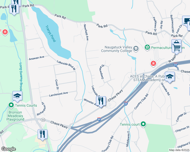 map of restaurants, bars, coffee shops, grocery stores, and more near 214 Lakeside Boulevard East in Waterbury