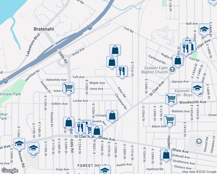 map of restaurants, bars, coffee shops, grocery stores, and more near 386 Cleveland Road in Cleveland