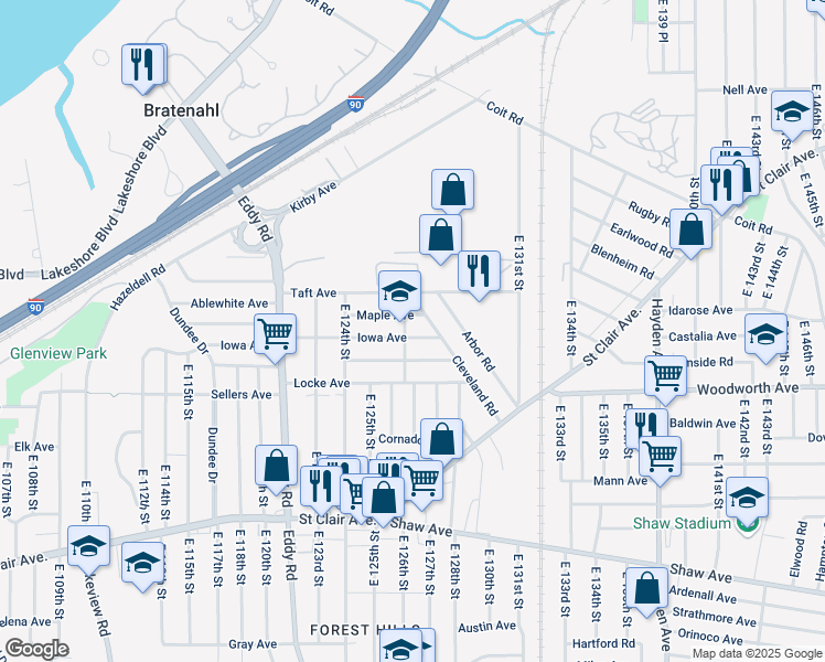 map of restaurants, bars, coffee shops, grocery stores, and more near 386 Cleveland Road in Cleveland