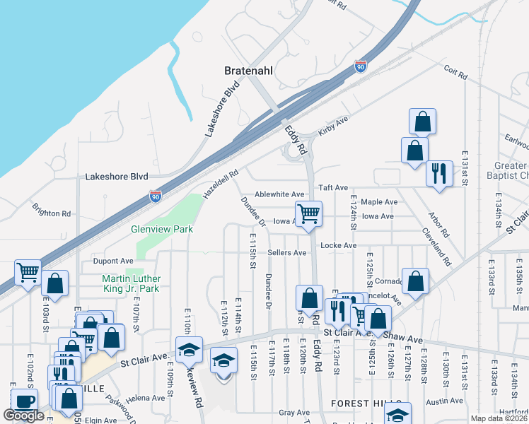map of restaurants, bars, coffee shops, grocery stores, and more near 11515 Shadeland Avenue in Cleveland