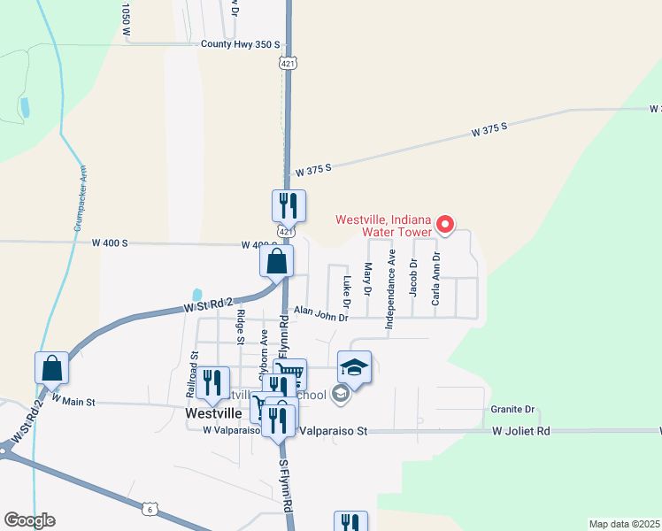 map of restaurants, bars, coffee shops, grocery stores, and more near Curtis Drive in Westville