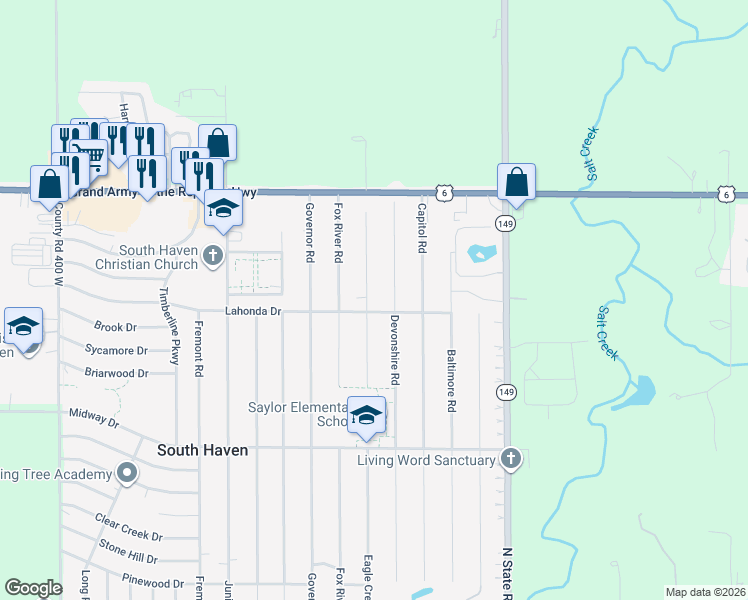 map of restaurants, bars, coffee shops, grocery stores, and more near 774 Eagle Creek Rd in Valparaiso