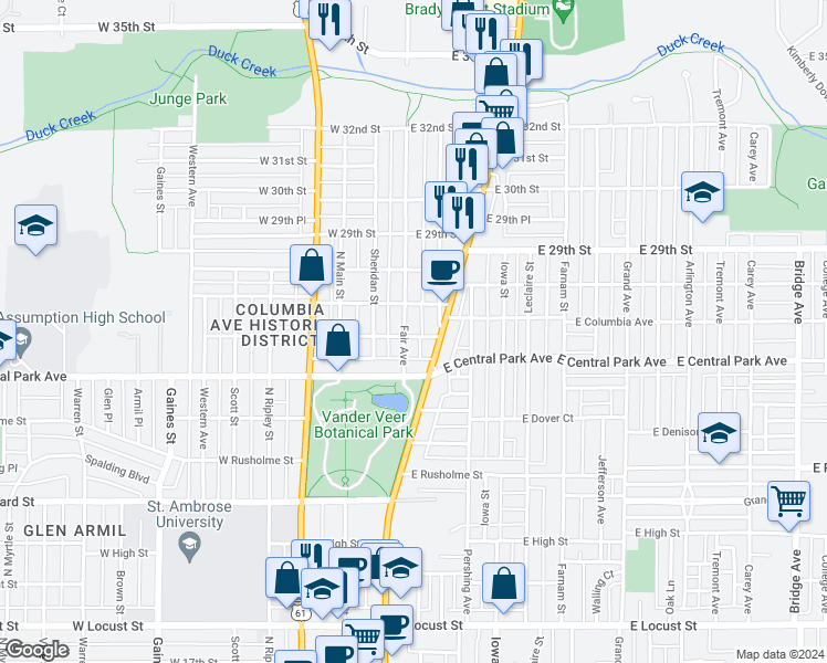 map of restaurants, bars, coffee shops, grocery stores, and more near 2647 Fair Avenue in Davenport