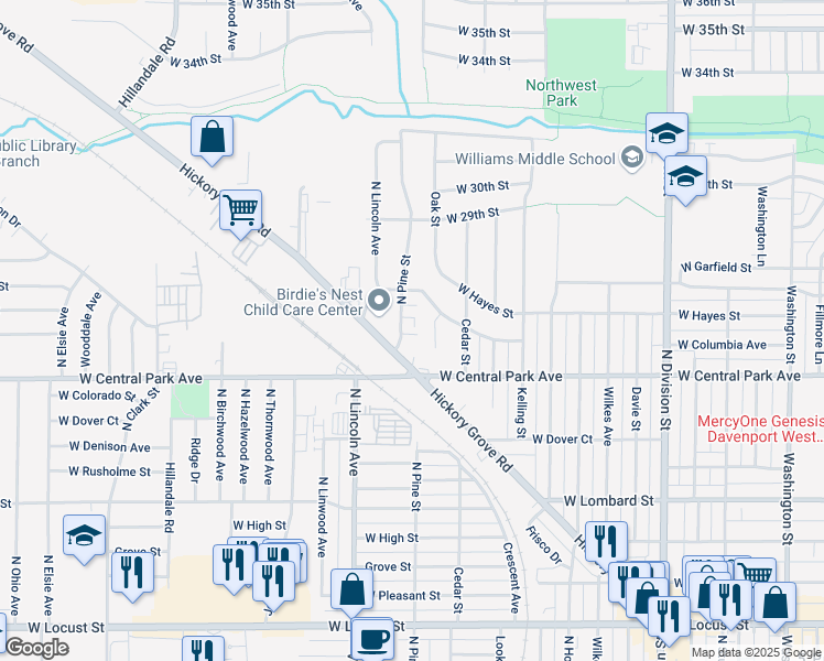 map of restaurants, bars, coffee shops, grocery stores, and more near 2632 Oak Street in Davenport