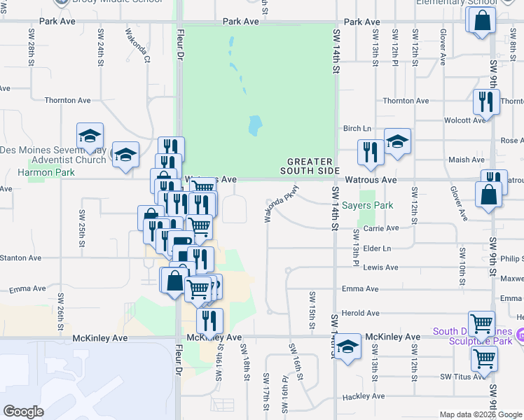 map of restaurants, bars, coffee shops, grocery stores, and more near 4208 Wakonda Parkway in Des Moines