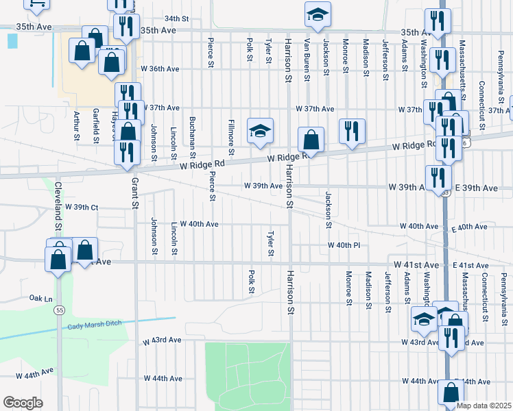 map of restaurants, bars, coffee shops, grocery stores, and more near 3945 Polk Street in Gary