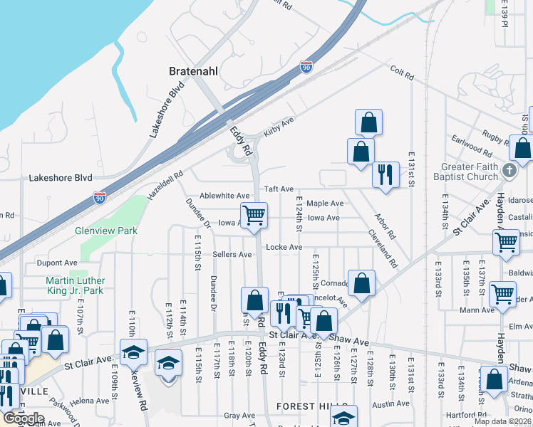 map of restaurants, bars, coffee shops, grocery stores, and more near 382 Eddy Road in Cleveland