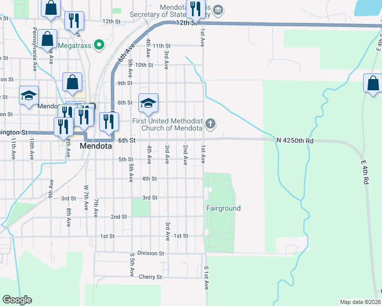 map of restaurants, bars, coffee shops, grocery stores, and more near 604 1st Avenue in Mendota