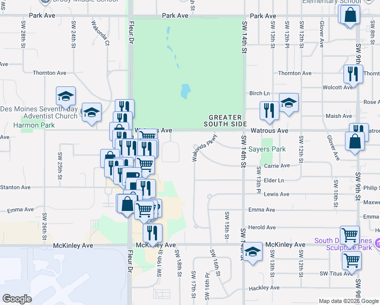 map of restaurants, bars, coffee shops, grocery stores, and more near 4208 Wakonda Parkway in Des Moines