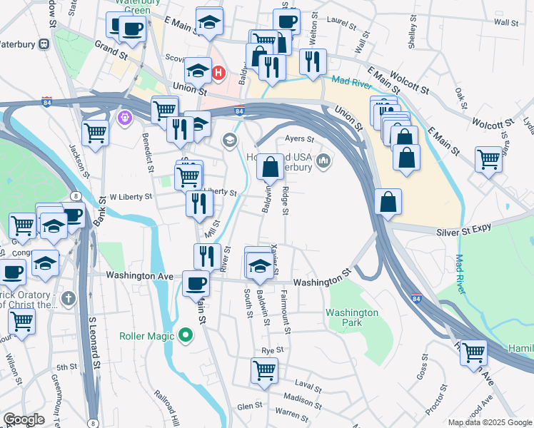 map of restaurants, bars, coffee shops, grocery stores, and more near 423 Baldwin Street in Waterbury