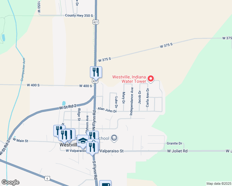 map of restaurants, bars, coffee shops, grocery stores, and more near Curtis Drive in Westville