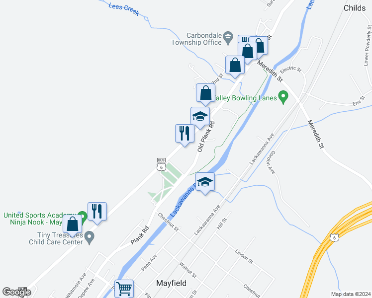 map of restaurants, bars, coffee shops, grocery stores, and more near State Route 1023 in Mayfield