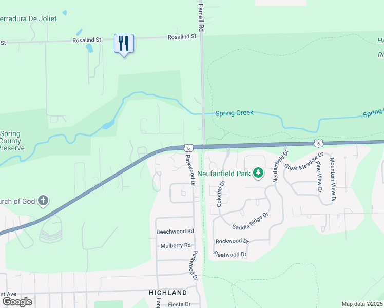 map of restaurants, bars, coffee shops, grocery stores, and more near 1118 Parkwood Drive in Joliet