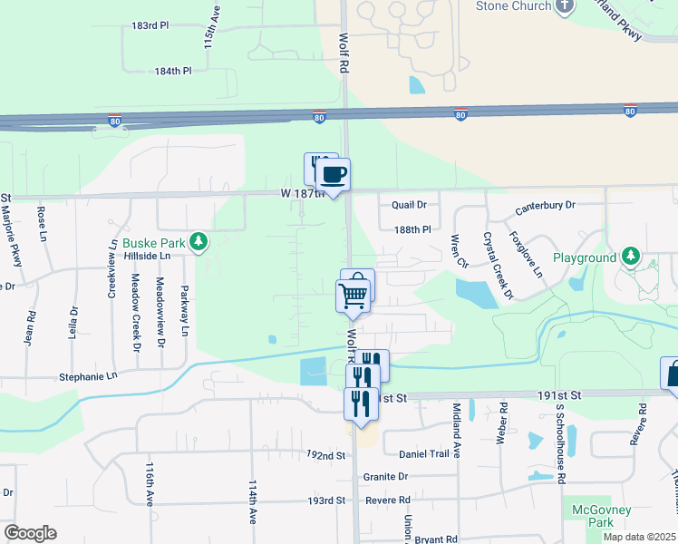 map of restaurants, bars, coffee shops, grocery stores, and more near 18850 Wolf Road in Mokena