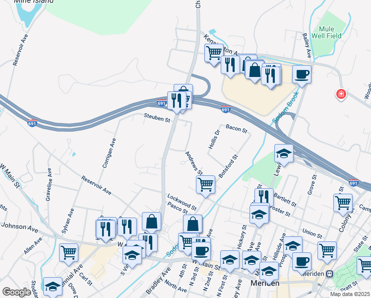 map of restaurants, bars, coffee shops, grocery stores, and more near 6 Edgewood Place in Meriden
