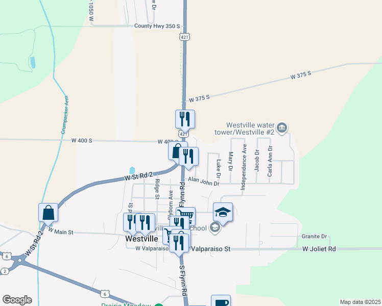 map of restaurants, bars, coffee shops, grocery stores, and more near 1 Parkman Drive in Westville