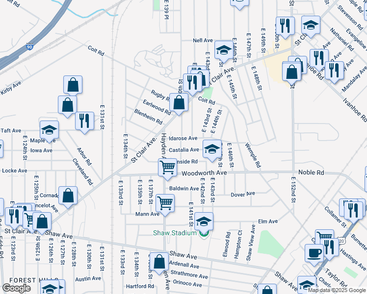 map of restaurants, bars, coffee shops, grocery stores, and more near 14005 Castalia Avenue in Cleveland