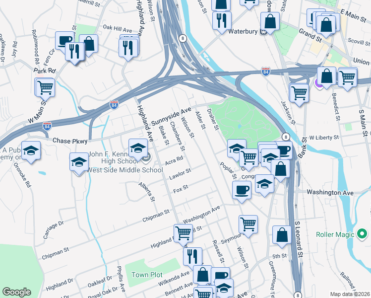 map of restaurants, bars, coffee shops, grocery stores, and more near 68 Chambers Street in Waterbury