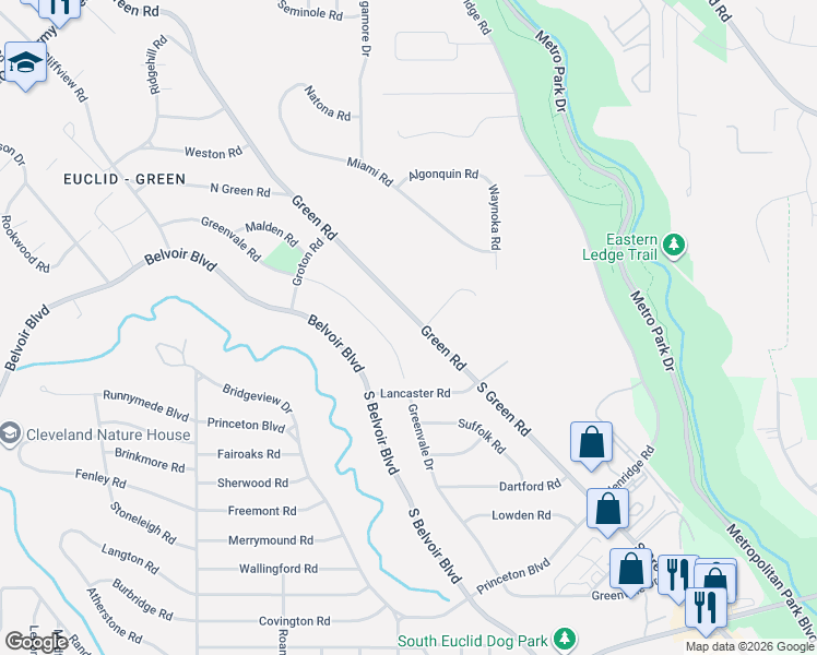 map of restaurants, bars, coffee shops, grocery stores, and more near 2300 Green Road in Cleveland